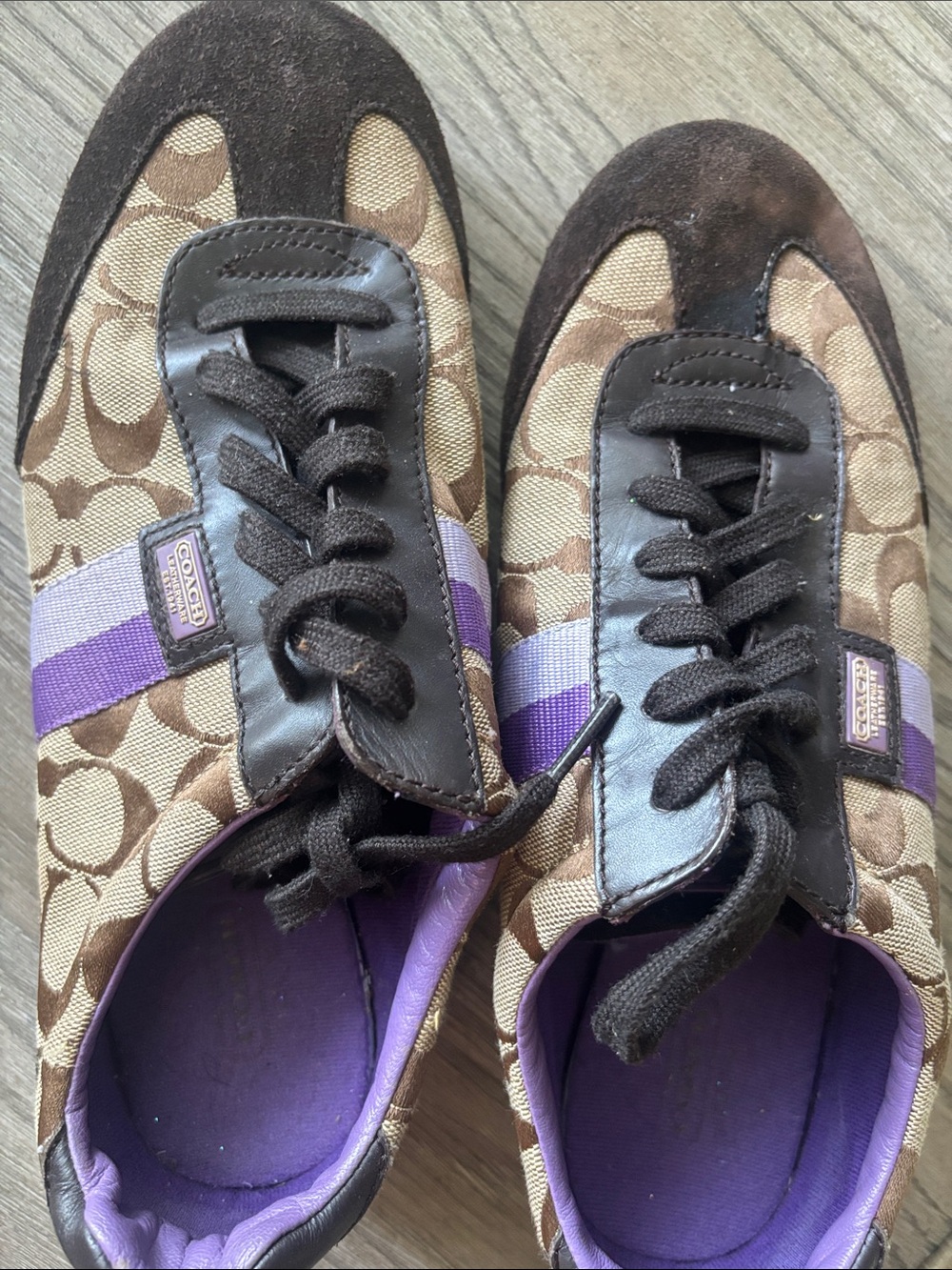 Coach Brown Signature Canvas Sneakers with Purple Accents